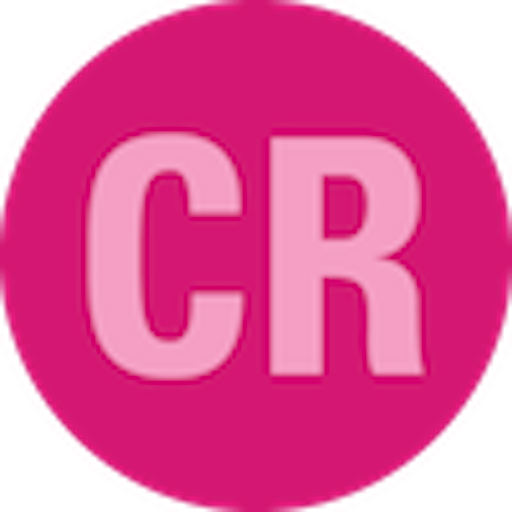 A solid pink circle with the large, bold, light pink capital letters CR in the center.