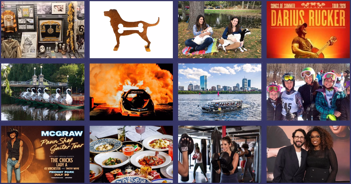 A collage of twelve images including concert posters, a metal dog silhouette, two women with dogs, a swan boat ride, a race car with smoke, a Boston skyline, skiers, a table of food, and two people posing for a photo.